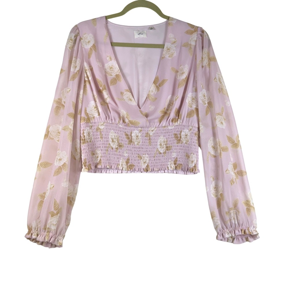 Wilfred Aritzia Wistful mochi pink Blouse L Smocked V-Neck Romantic Fairycore